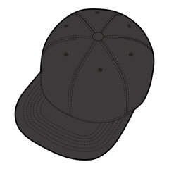 Top-down angled view of a black baseball cap with button top, eyelets, and detailed stitching.
