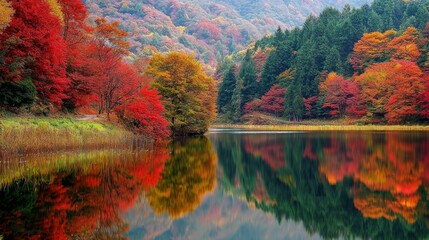Naklejka premium A picturesque autumn scene with vibrant red, orange, and yellow trees surrounding the tranquil lake
