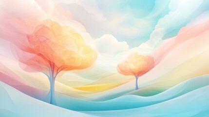 A colorful landscape with two trees and a blue sky. The trees are orange and yellow, and the sky is blue. The scene is peaceful and serene, with a sense of calmness and tranquility