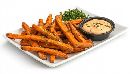Sweet Potato Fries with Creamy Dip on a White Plate