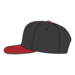 Angled side view of black cap with red flat brim, showing structured stitching and panel design.
