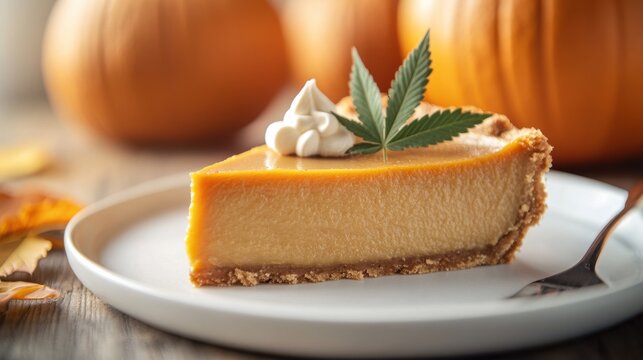 Pumpkin Pie with Cannabis Leaf: A delectable slice of pumpkin pie, garnished with a cannabis leaf and whipped cream, sits on a rustic wooden table. The warm.