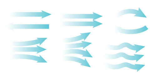 Air flow. Set of blue arrows showing direction of air movement. Wind direction arrows. Blue cold fresh stream from the conditioner. Vector illustration isolated on white background.