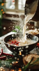 Steaming homemade dish with spices and herbs simmering on a rustic holiday table surrounded by festive evergreen a warm and cozy atmosphere for a delicious seasonal meal or