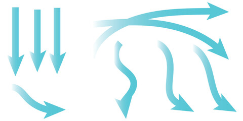 Obraz premium Air flow. Set of blue arrows showing direction of air movement. Wind direction arrows. Blue cold fresh stream from the conditioner. Vector illustration isolated on white background.