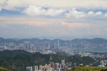 Panoramic View of Hong Kong Skyline and Harbor from Elevated Perspective