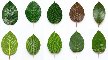 Series of green leaves with varying sizes and shapes. The leaves are arranged in a grid, with some overlapping and others standing alone. Scene is one of natural beauty and diversity