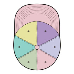 Underneath view of pastel six-panel baseball cap showing multi-colored panels and pink visor.
