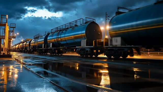 Freight train tank cars on rainy industrial evening railway. Transportation concept