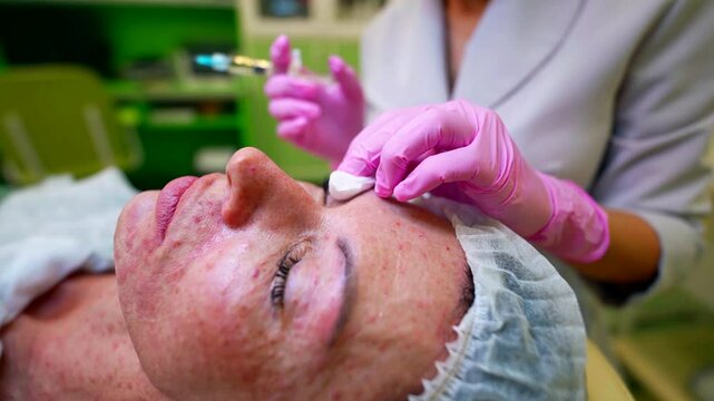 The doctor performs a micro rejuvenation procedure, the skin around the patient's eyes is slightly inflamed, pink gloves add aesthetics and sterility to the image.