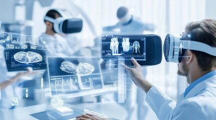 A team of researchers utilizes virtual reality to analyze complex medical data. Exploring advanced virtual reality in a cutting-edge medical research facility