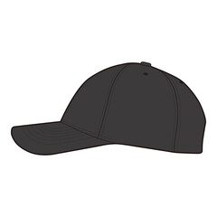 Profile view of plain black six-panel baseball cap with curved visor in minimalist style.
