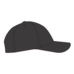 Side view of plain black six-panel baseball cap with curved visor in minimalist illustration.
