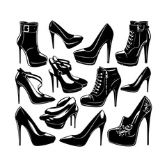 Ladies shoes Set silhouette vector, Shoes icon illustration, Women shoes silhouette fashion on a white background