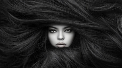 Fototapeta premium A striking portrait of a woman with flowing black hair, creating an ethereal and captivating visual effect against a neutral background.