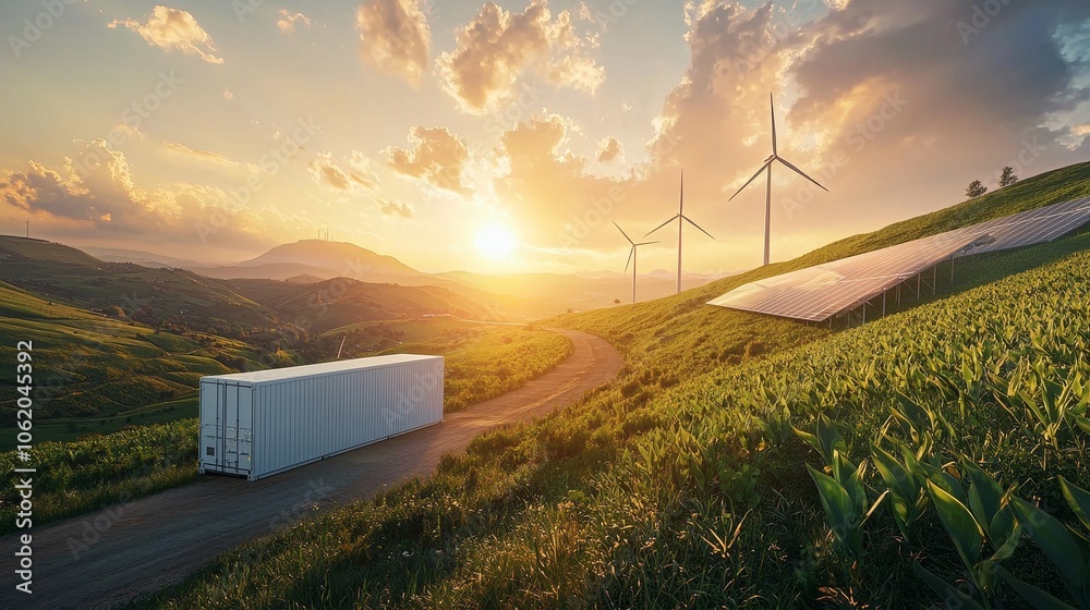 Poster an aerial view of a battery energy storage system surrounded by a green landscape and windmills. sto