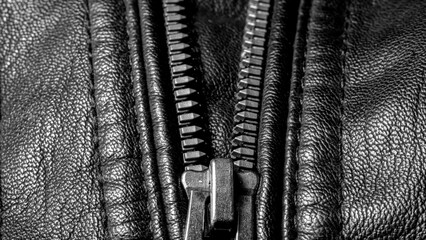 Zip on leather jacket. Black and white photo