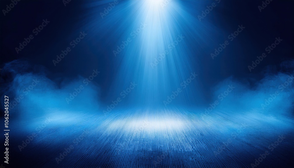Aufkleber empty stage illuminated by dramatic blue spotlight with mist and shadows, creating a moody and myste