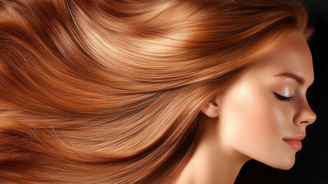 A woman with flowing, glossy hair illuminated against a dark background, showcasing elegance and beauty in a serene profile view.