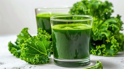 Fototapeta premium Fresh kale juice in glass with leaves on white background