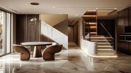 Luxury interior with a modern twist, blending sleek lines and sumptuous materials
