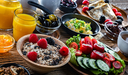 Breakfast served with coffee, eggs, cereals nd croissants