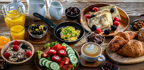 Breakfast served with coffee, eggs, cereals nd croissants