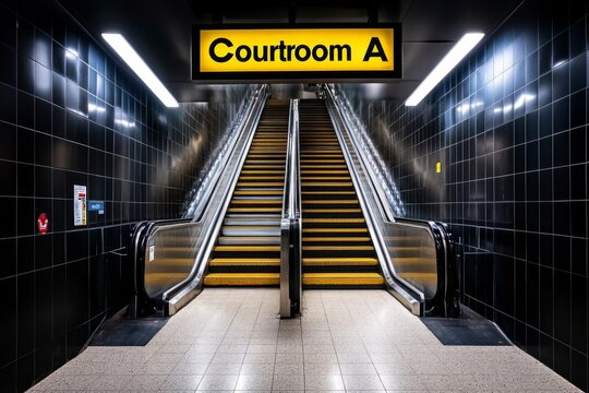 Courtroom exit with the sign â€œCourtroom Aâ€ above, capturing the formal and structured layout of judicial spaces, symbolizing order and organization
