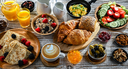 Breakfast served with coffee, eggs, cereals nd croissants