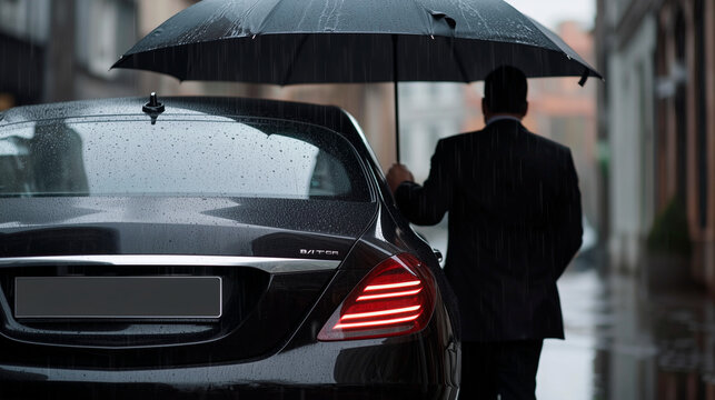 Professional Driver Assisting VIP Client in Rainy Luxury Car Exit