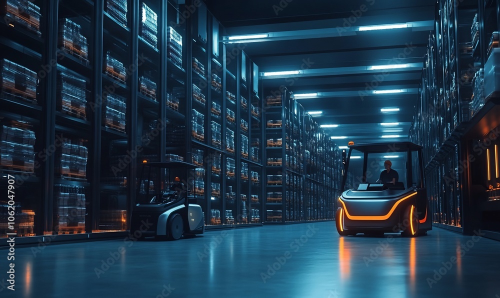 Poster a futuristic warehouse with two automated forklifts moving along a shelf aisle.
