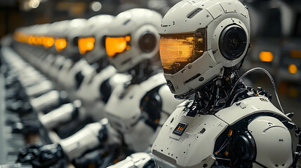 Fototapeta premium Futuristic Robot Workers in a Factory 3D Illustration