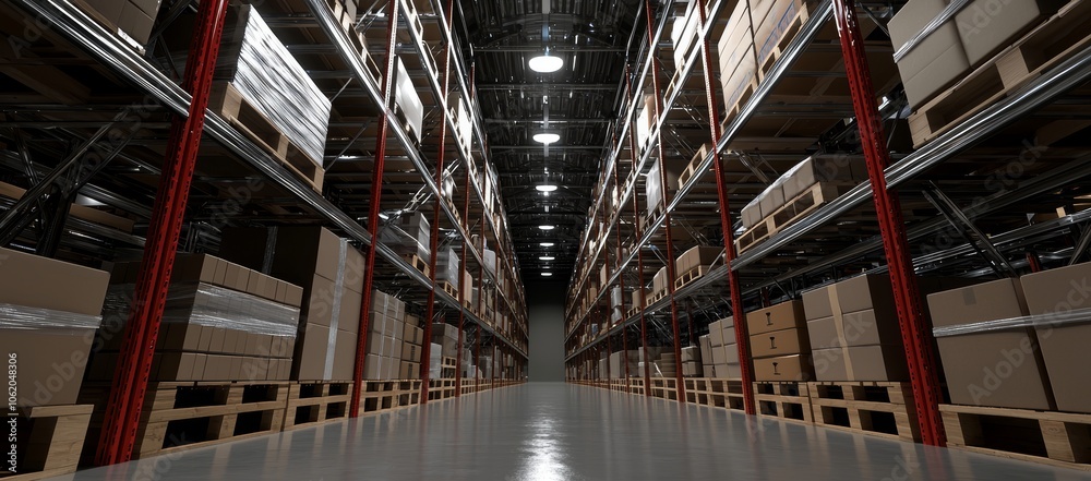 Poster This image shows a modern storage warehouse with shelves stocked with boxes. An efficient inventory storage system is installed in the distribution center to keep inventory at a high level.