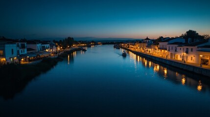 Obraz premium Tavira town on the Rio Gilao river at night, Algarve region 