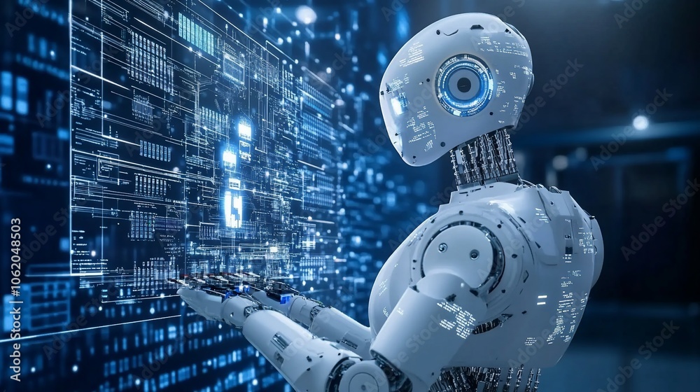 Poster A futuristic white robot with blue eyes interacts with a digital screen displaying data and code.