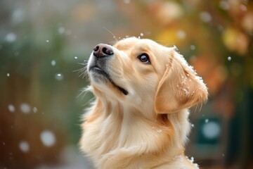 Dog playing in gentle snow flurries, jumping and wagging its tail, capturing the joyful and playful side of winter, symbolizing joy and energy