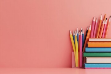 A vibrant arrangement of colorful pencils beside neatly stacked books against a pink background, ideal for educational themes or creative projects.