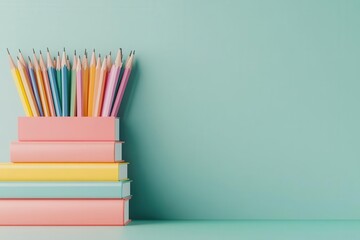 Fototapeta premium A vibrant collection of colorful pencils rests atop neatly stacked pastel books against a soft turquoise background.