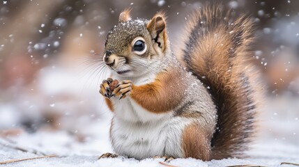Obraz premium A cute squirrel in the snow, showcasing its fluffy fur and playful demeanor in winter.