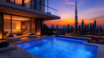 Obraz premium Luxury Rooftop Pool With City Skyline View - Realistic Image