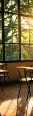 Empty classroom with vintage wooden desks and chairs, soft natural light streaming through large windows Warm tones, midangle shot capturing a nostalgic atmosphere