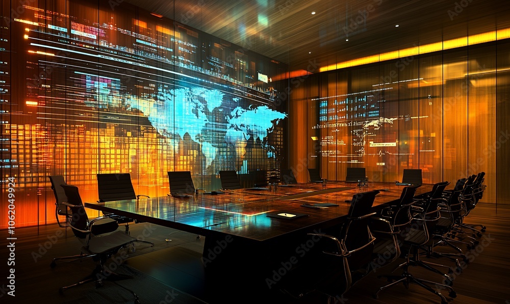 Poster A futuristic, sleek conference room with a large screen displaying a world map and data.