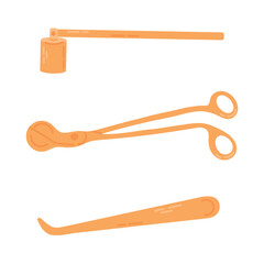 Hand drawn candle accessory. Doodle trimmer, wick dipper and snuffer. Vector set