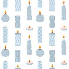 Various Candles. Different shapes and sizes. Pillar, jar candle, square, container candle, heart shaped. Decorative wax candles for relax and spa. Candle snuffer. Seamless pattern