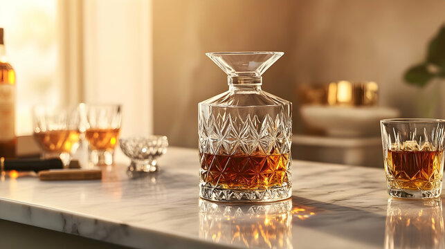 A modern crystal whiskey decanter with geometric patterns, resting on a bright, polished surface, with light reflecting from nearby glassware in a contemporary setting.
