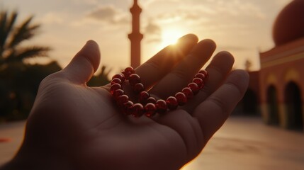 Hand Holding Prayer Beads with Mosque in Background