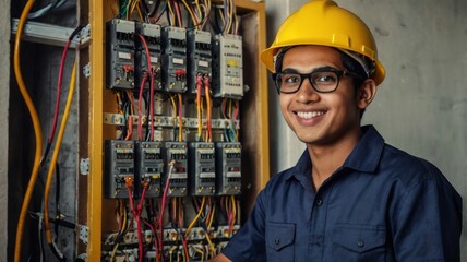 Electrician working on electrical panel and smiling at worksite