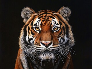 Fototapeta premium A hyper-realistic portrait of a magnificent tiger, its striking orange and black stripes vividly contrasted against a deep black background.