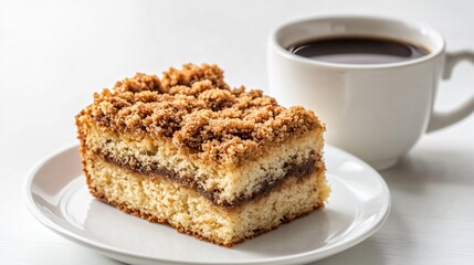 Coffee and Crumb Cake on a White Plate