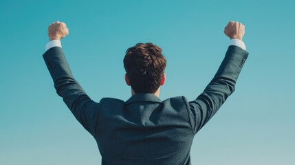 Business professional celebrates success with arms raised against clear blue sky